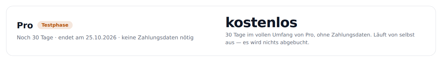 Der Kopf der Abo-Seite mit dem laufenden Plan, der Restlaufzeit der Testphase und dem Hinweis „kostenlos".