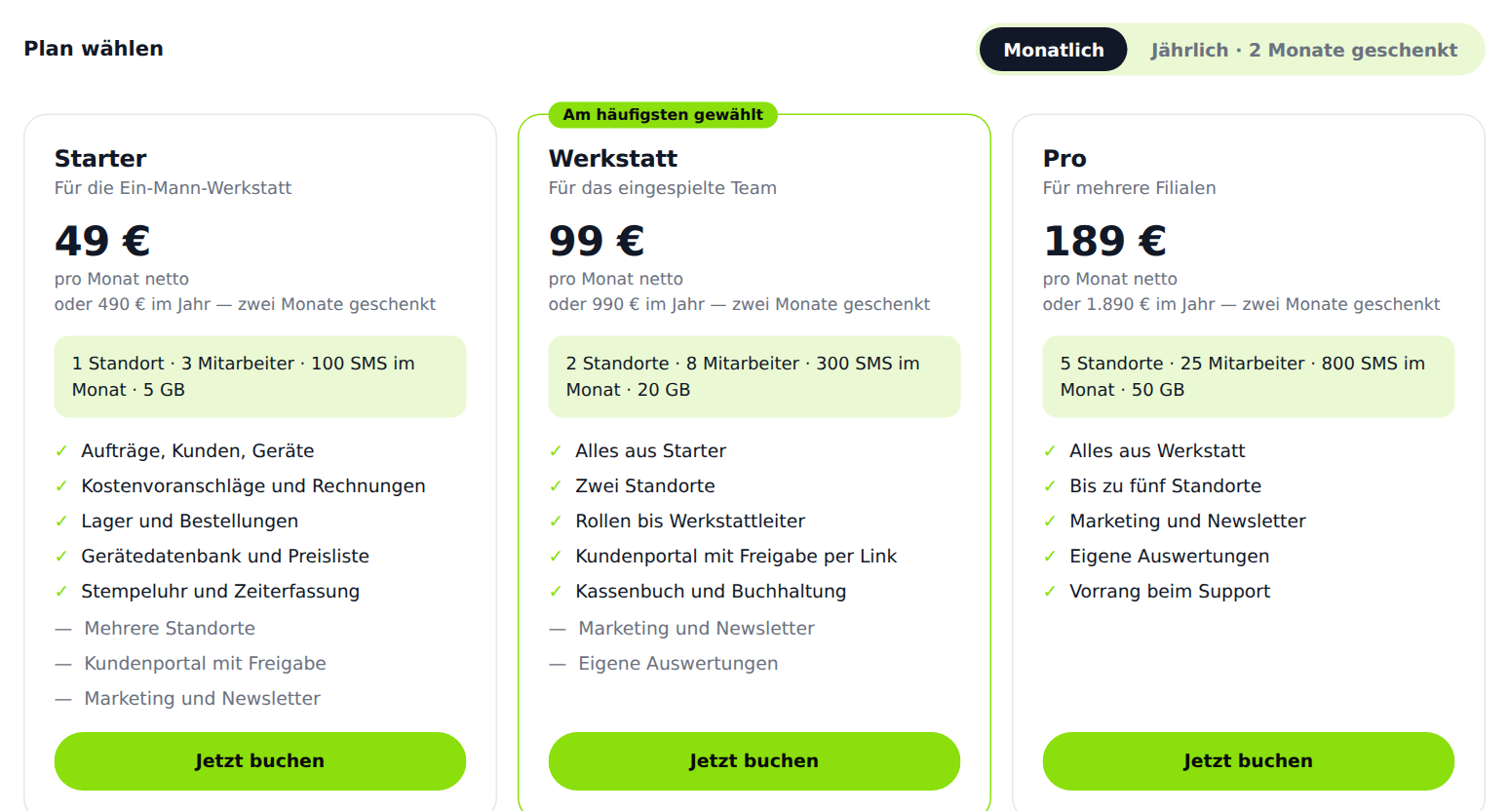 Die drei Pläne Starter, Werkstatt und Pro mit Monatspreis, Grenzen und Leistungsliste.