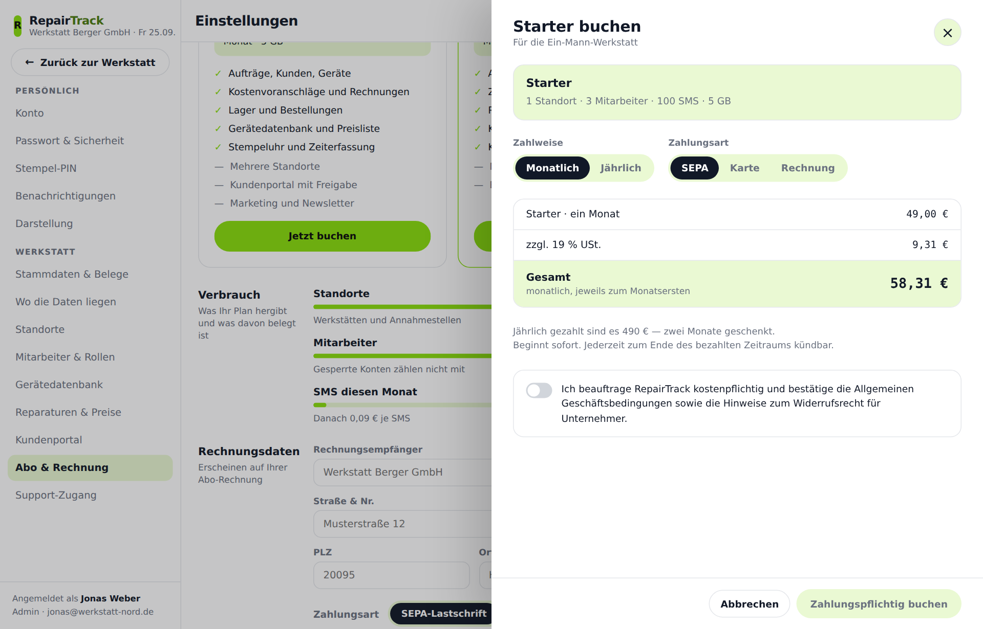 Die Buchungslade mit Plan, Zahlweise und Preisübersicht.