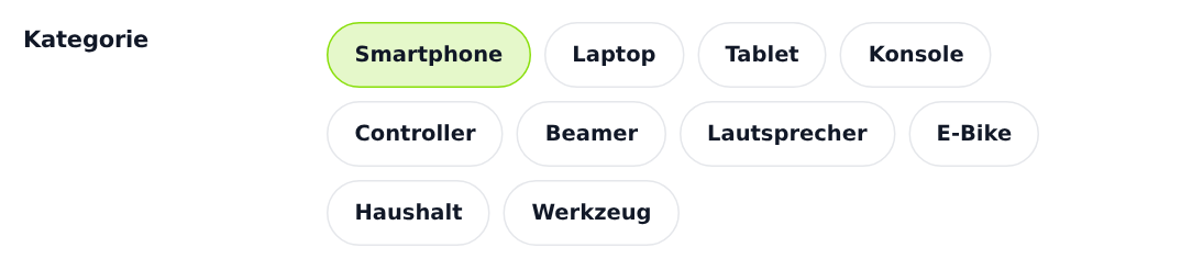 Die zehn Kategorie-Knöpfe, „Smartphone" ist gewählt.