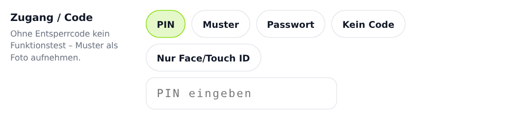 Die Auswahl „Zugang / Code" mit PIN, Muster, Passwort, Kein Code und Nur Face/Touch ID.