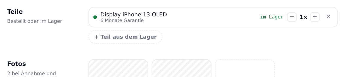 Die Teileliste eines Auftrags mit Bezeichnung, Garantie, Verfügbarkeit und Mengenschalter.