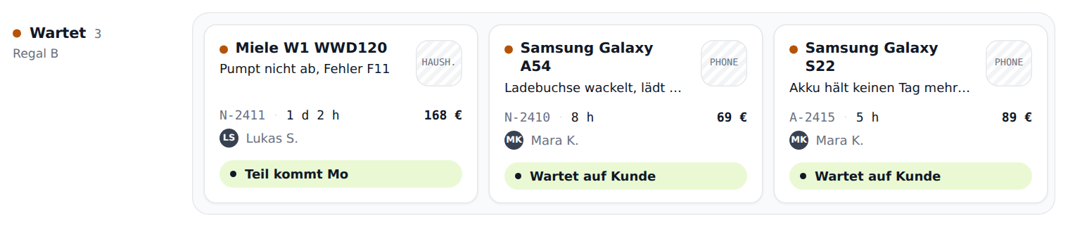 Drei Auftragskarten der Station „Wartet" mit Gerät, Fehler, Nummer, Liegezeit, Preis, Techniker und einem grünen Band wie „Teil kommt Mo".