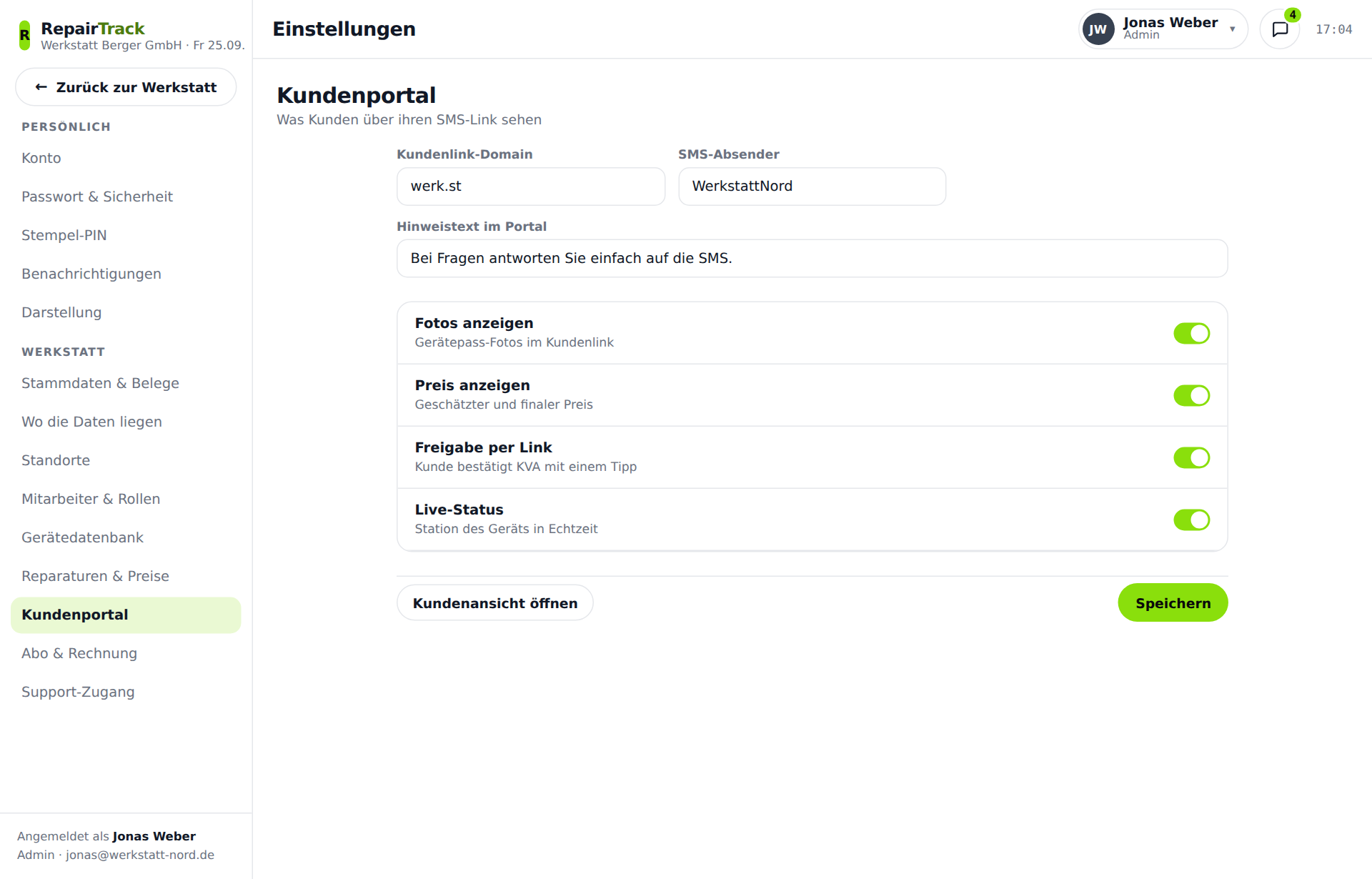 Die Einstellungen des Kundenportals mit Kundenlink-Domain, SMS-Absender, Hinweistext und vier Schaltern.