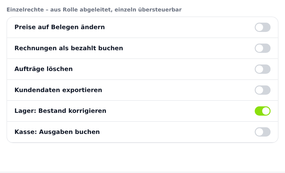 Die Einzelrechte unter der Rollenauswahl, jeweils mit Schalter.
